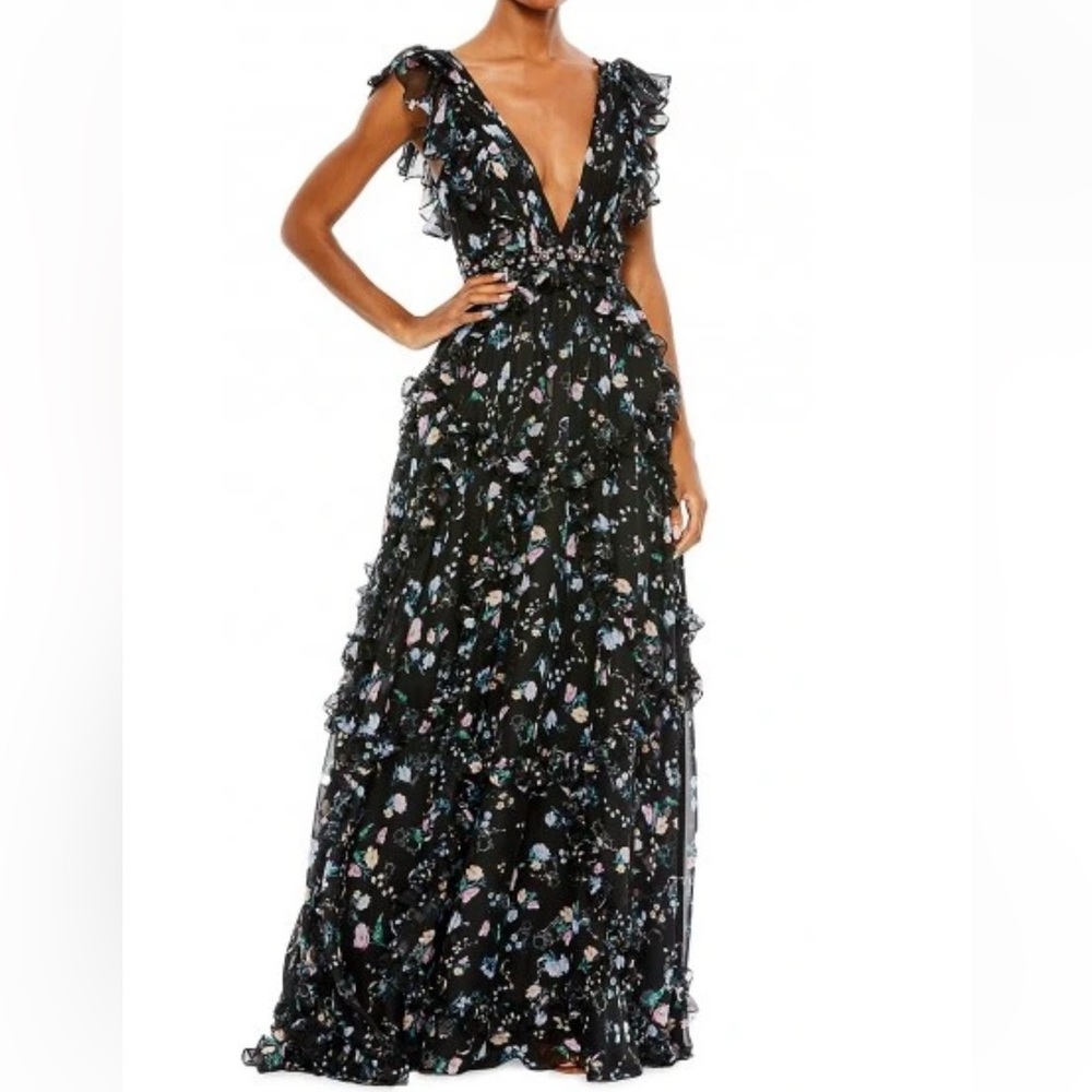 Mac Duggal Black Floral Maxi Dress